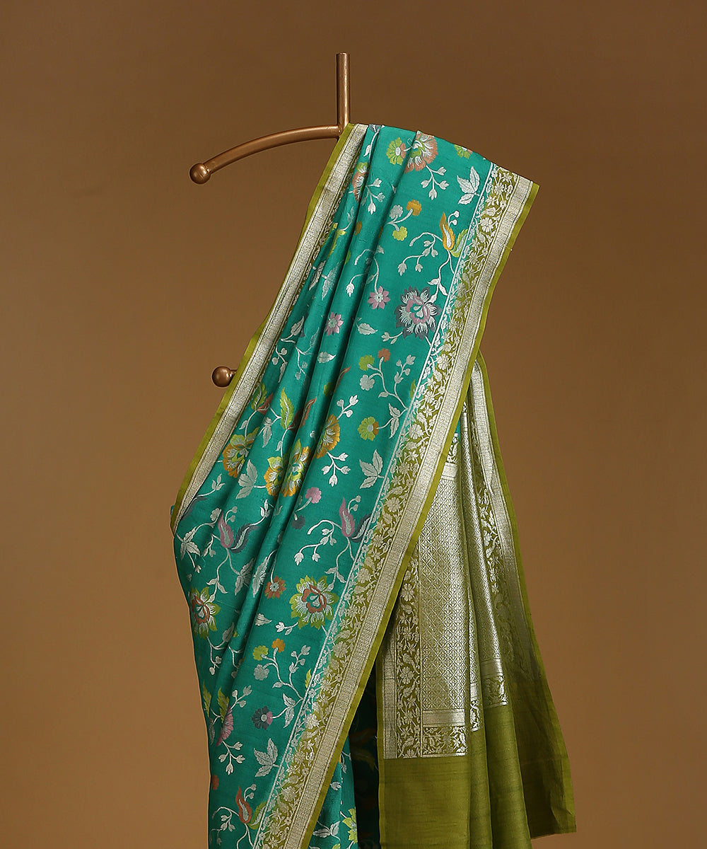 Handloom_Teal_And_Green_Pure_Tusser_Georgette_Banarasi_Saree_With_Floral_Bootas_WeaverStory_02