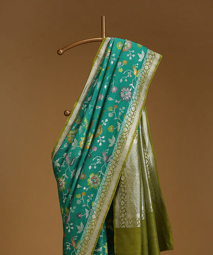 Handloom_Teal_And_Green_Pure_Tusser_Georgette_Banarasi_Saree_With_Floral_Bootas_WeaverStory_02