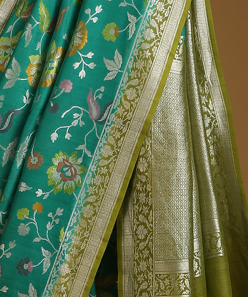 Handloom_Teal_And_Green_Pure_Tusser_Georgette_Banarasi_Saree_With_Floral_Bootas_WeaverStory_04