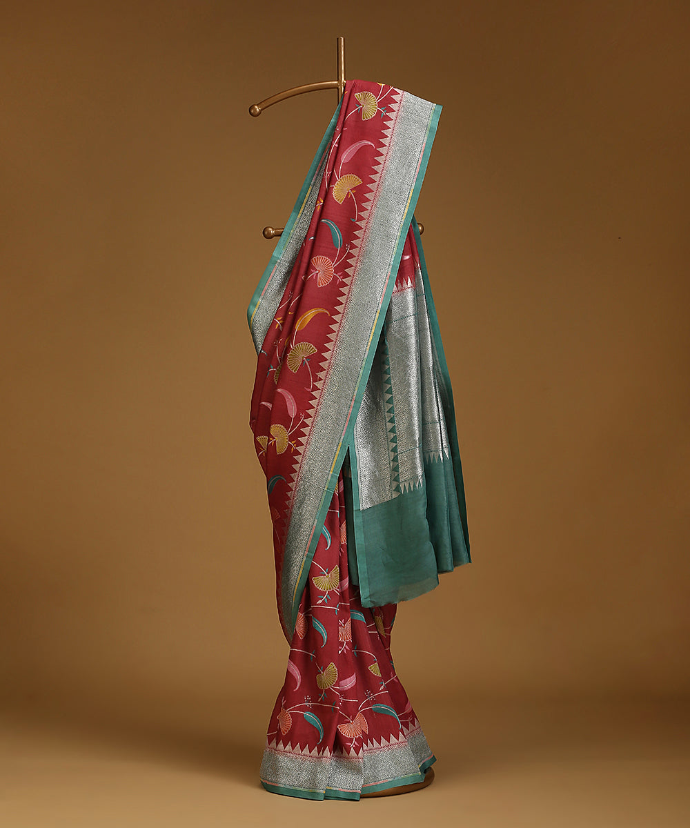 Handloom_Brown_And_Teal_Pure_Tusser_Georgette_Banarasi_Saree_With_Multicolour_Motifs_WeaverStory_01