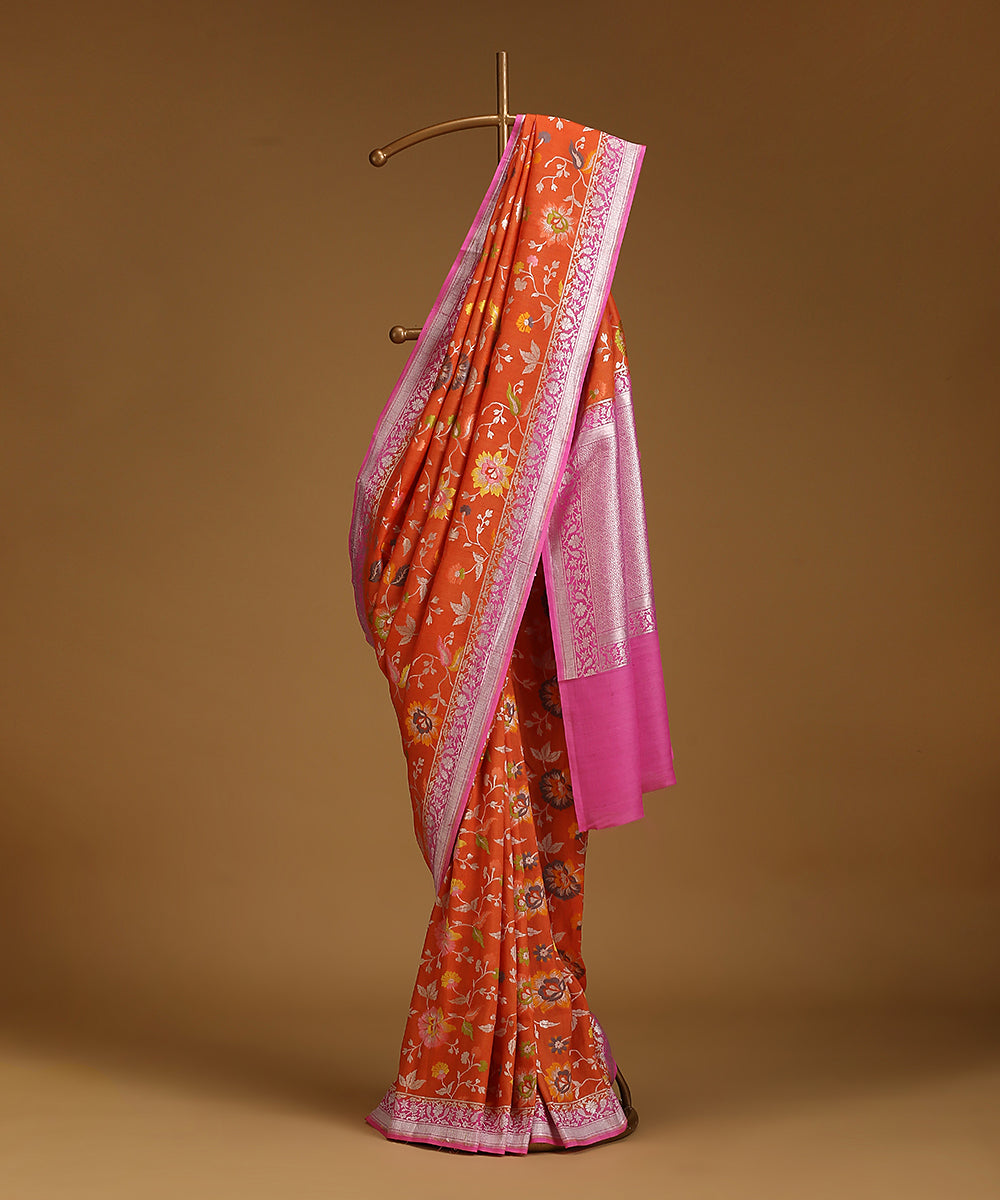 Handloom_Orange_And_Pink_Pure_Tusser_Georgette_Banarasi_Saree_With_Flowers_WeaverStory_01