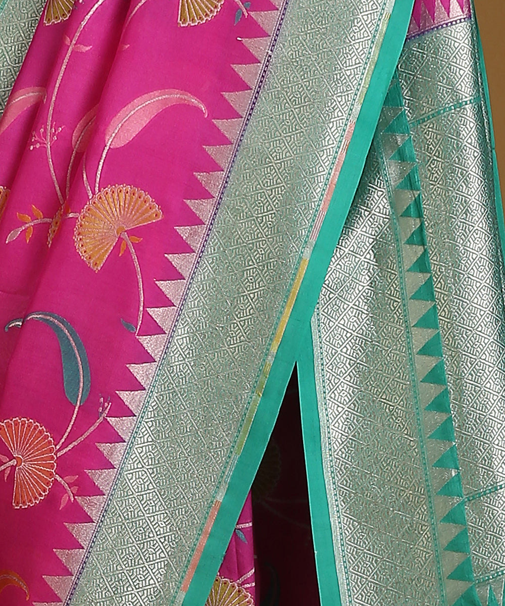 Magenta_And_Teal_Handloom_Pure_Tusser_Georgette_Banarasi_Saree_With_Multicolour_Motifs_WeaverStory_04