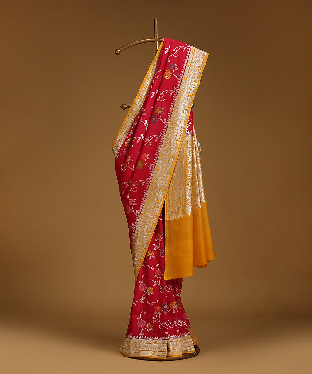 Handloom_Red_And_Yellow_Pure_Tusser_Georgette_Banarasi_Saree_With_Multicolour_Floral_Motifs_WeaverStory_01