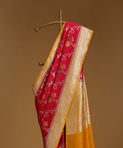 Handloom_Red_And_Yellow_Pure_Tusser_Georgette_Banarasi_Saree_With_Multicolour_Floral_Motifs_WeaverStory_02