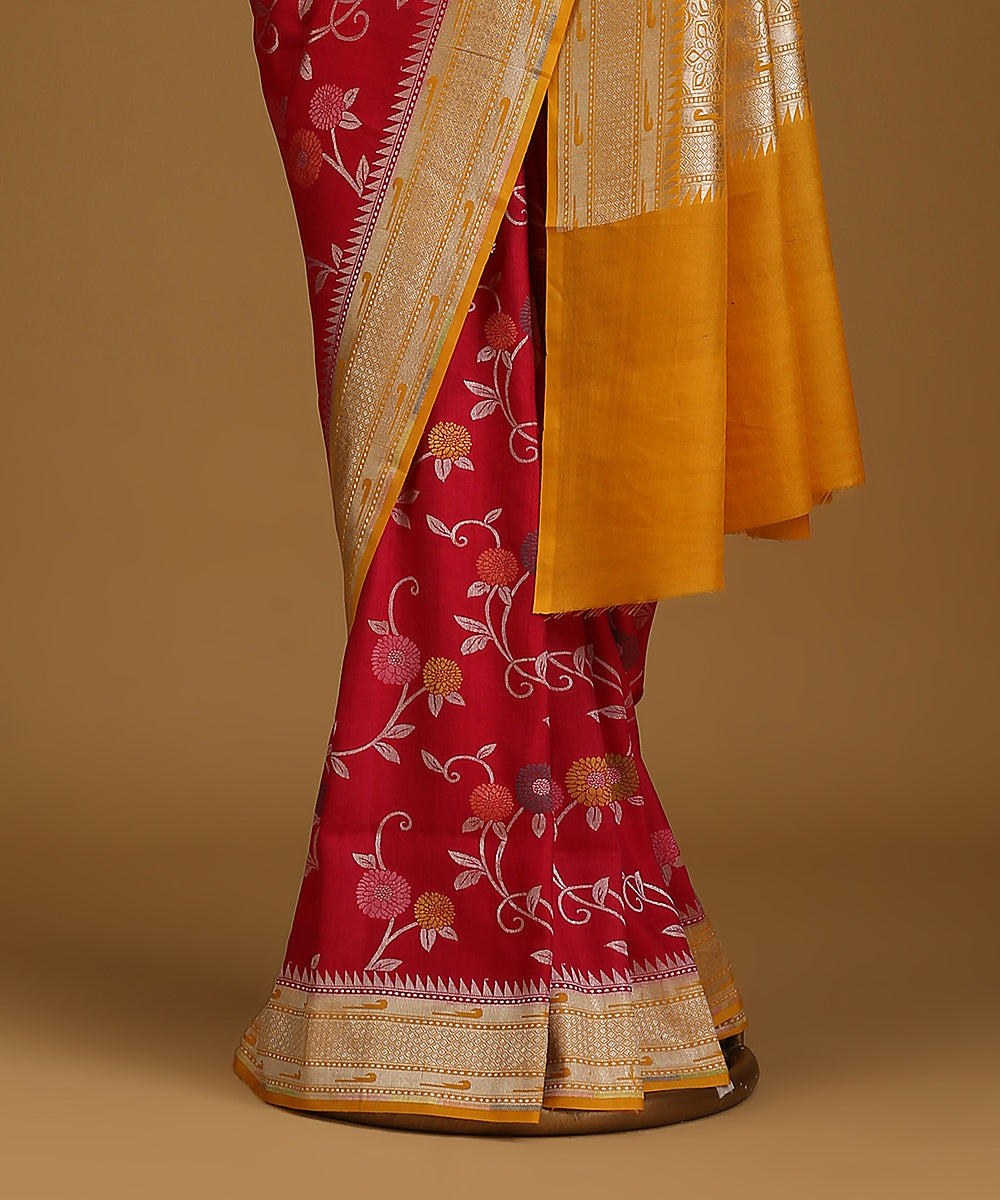 Handloom_Red_And_Yellow_Pure_Tusser_Georgette_Banarasi_Saree_With_Multicolour_Floral_Motifs_WeaverStory_03