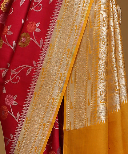 Handloom_Red_And_Yellow_Pure_Tusser_Georgette_Banarasi_Saree_With_Multicolour_Floral_Motifs_WeaverStory_04