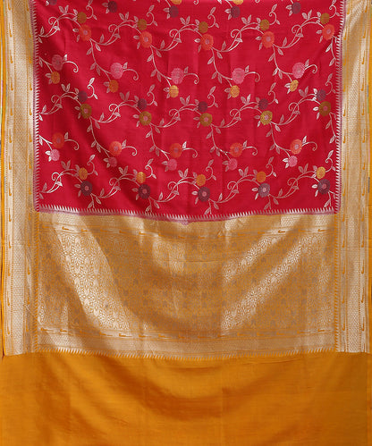 Handloom_Red_And_Yellow_Pure_Tusser_Georgette_Banarasi_Saree_With_Multicolour_Floral_Motifs_WeaverStory_05