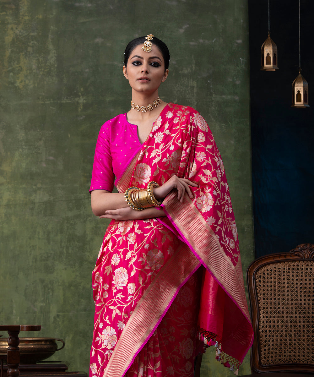 Bright_Pink_Handloom_Pure_Katan_Silk_Banarasi_Saree_with_Cutwork_Sona_Rupa_Jaal_WeaverStory_01