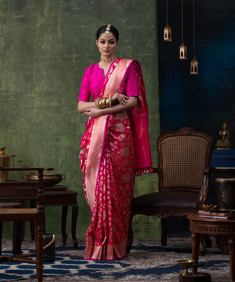 Bright_Pink_Handloom_Pure_Katan_Silk_Banarasi_Saree_with_Cutwork_Sona_Rupa_Jaal_WeaverStory_02