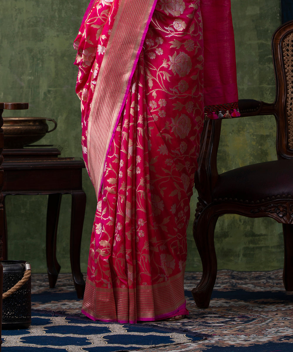 Bright_Pink_Handloom_Pure_Katan_Silk_Banarasi_Saree_with_Cutwork_Sona_Rupa_Jaal_WeaverStory_04