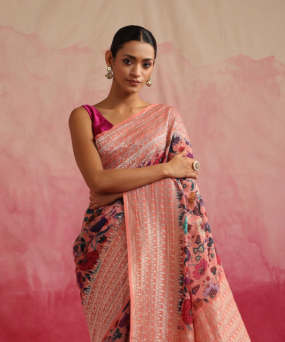 Peach_Handloom_Pure_Georgette_Banarasi_Saree_With_Floral_Ajrakh_Print_WeaverStory_01