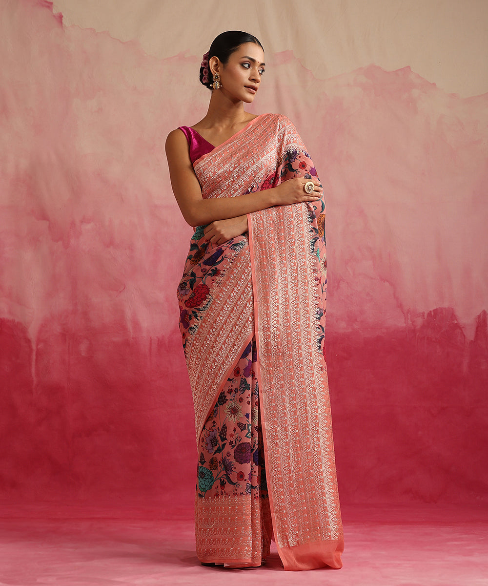 Peach_Handloom_Pure_Georgette_Banarasi_Saree_With_Floral_Ajrakh_Print_WeaverStory_02