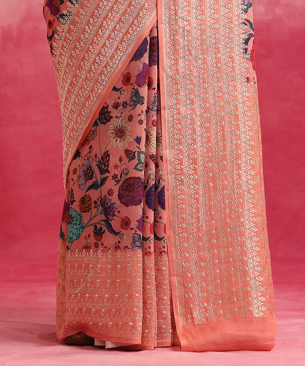 Peach_Handloom_Pure_Georgette_Banarasi_Saree_With_Floral_Ajrakh_Print_WeaverStory_04