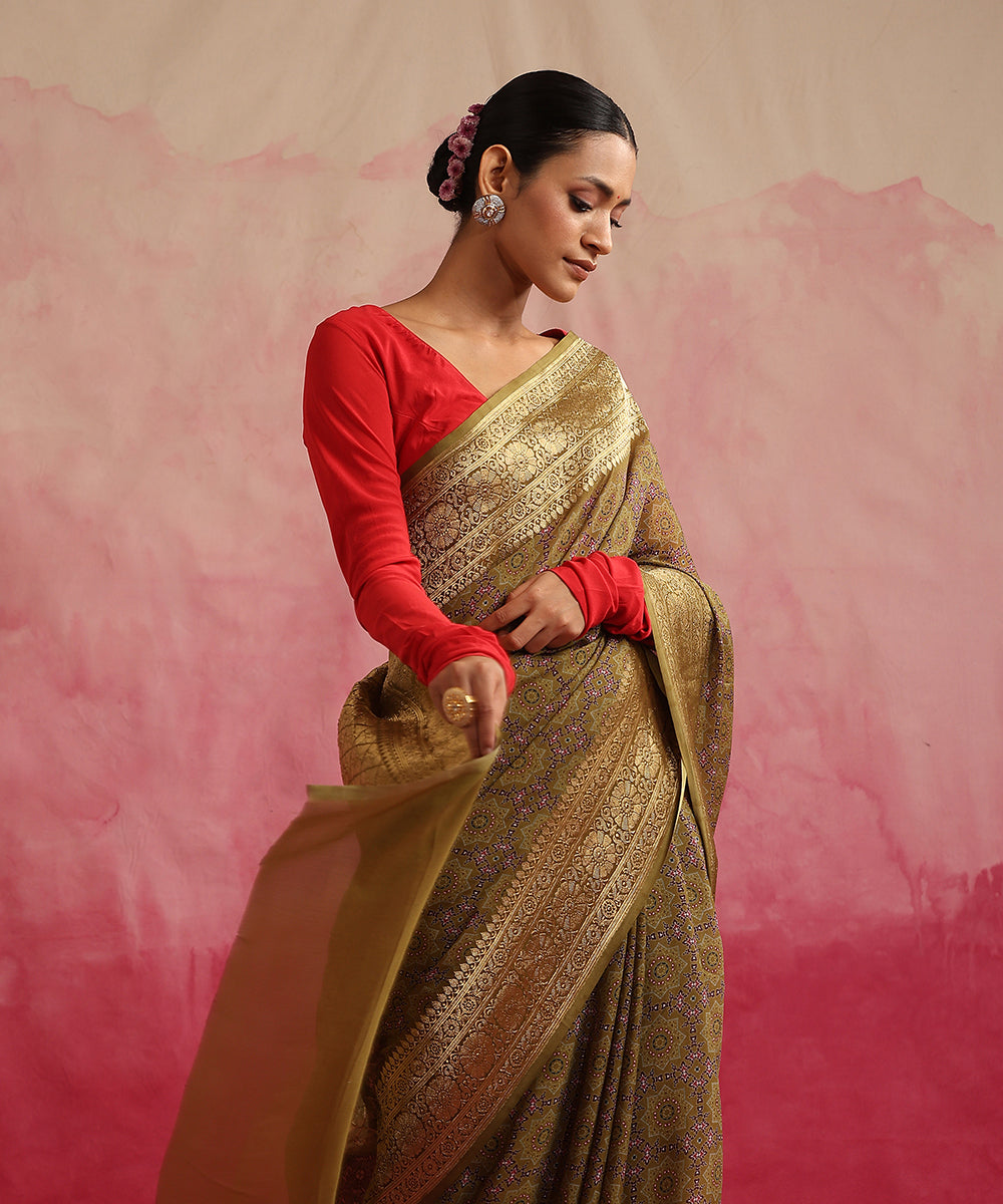 Handloom_Olive_Green_Pure_Georgette_Banarasi_Saree_With_Ajrakh_Print_WeaverStory_01