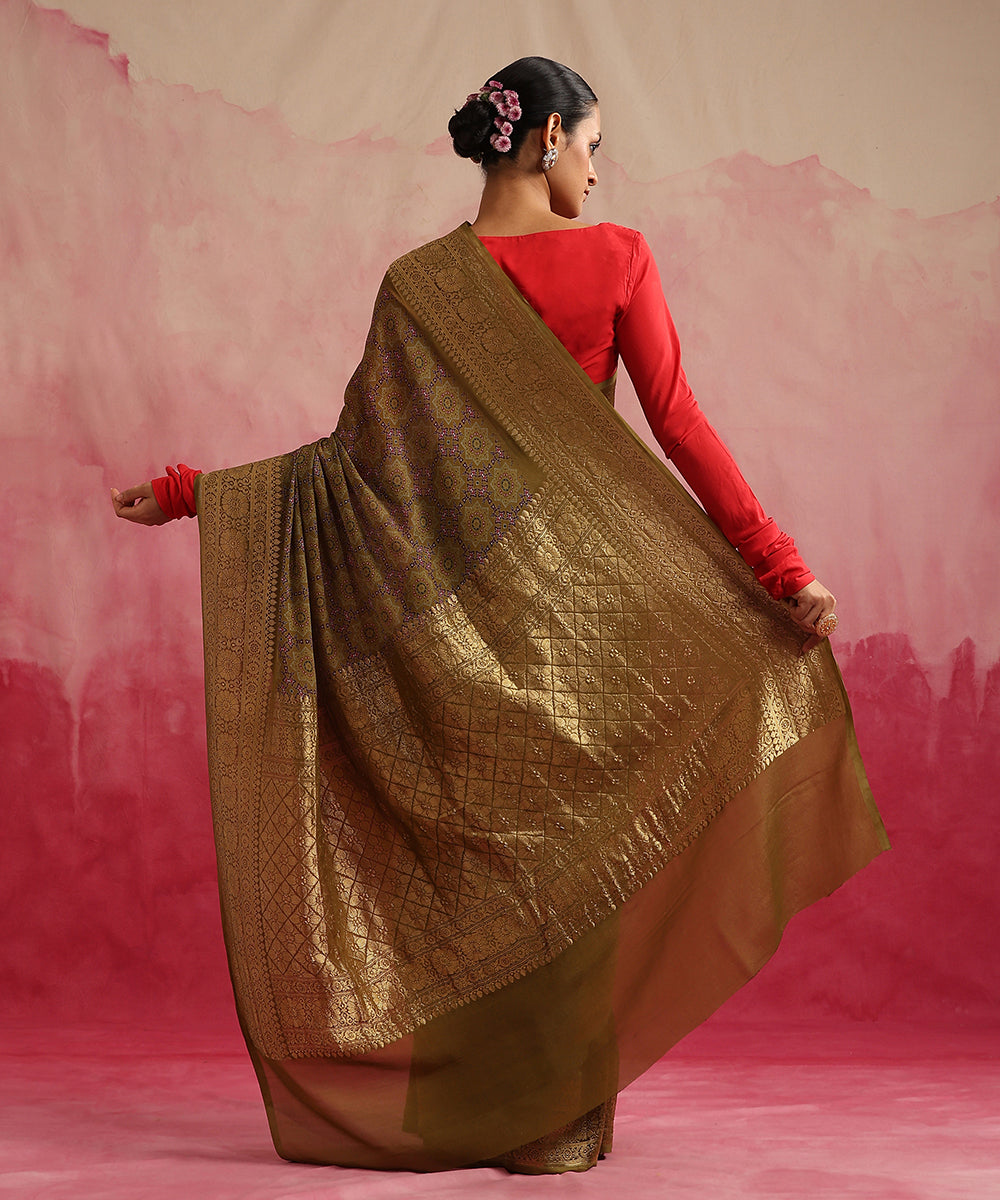 Handloom_Olive_Green_Pure_Georgette_Banarasi_Saree_With_Ajrakh_Print_WeaverStory_03