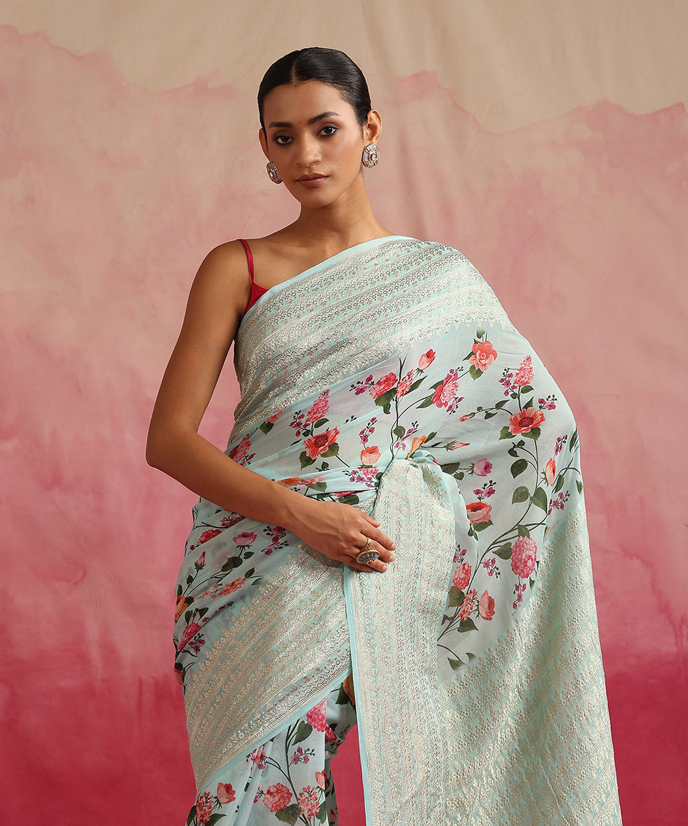 Handloom_Ice_Blue_Pure_Georgette_Banarasi_Saree_With_Floral_Print_WeaverStory_01