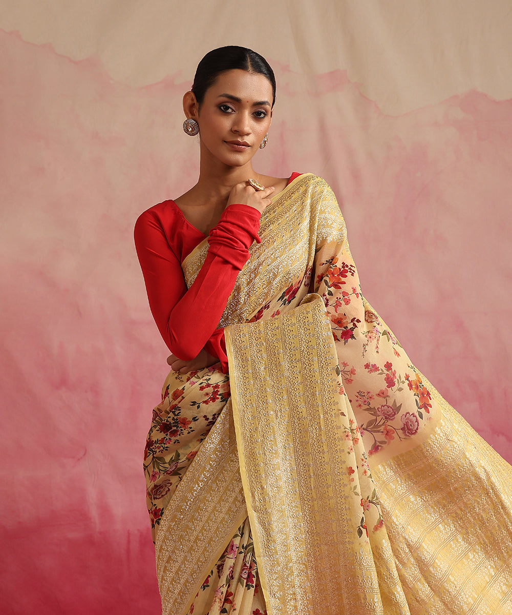 Yellow_Handloom_Pure_Georgette_Banarasi_Saree_With_Floral_Ajrakh_Print_WeaverStory_01