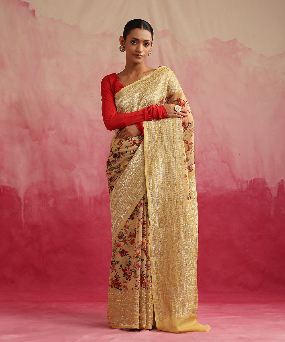 Yellow_Handloom_Pure_Georgette_Banarasi_Saree_With_Floral_Ajrakh_Print_WeaverStory_02