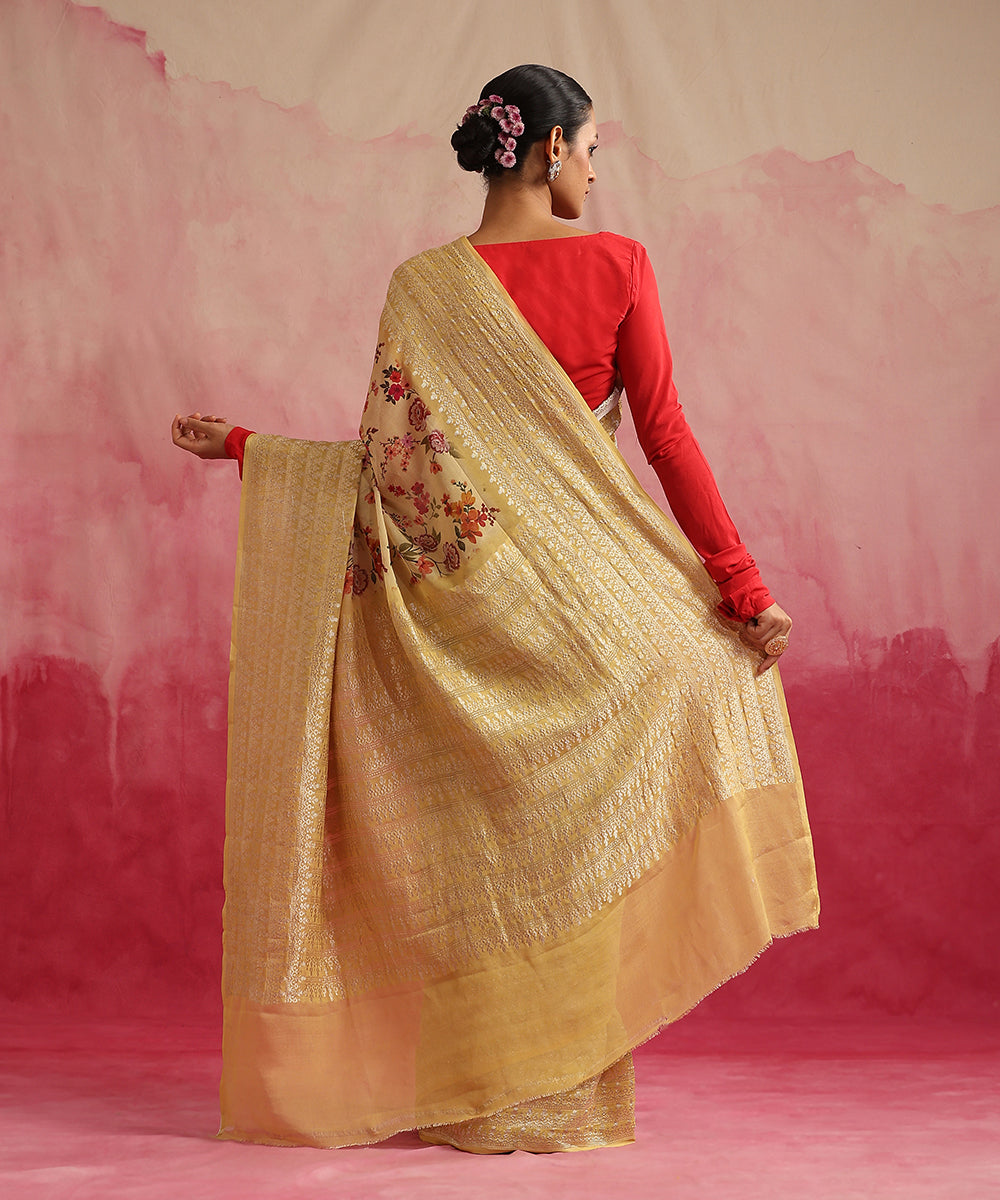 Yellow_Handloom_Pure_Georgette_Banarasi_Saree_With_Floral_Ajrakh_Print_WeaverStory_03