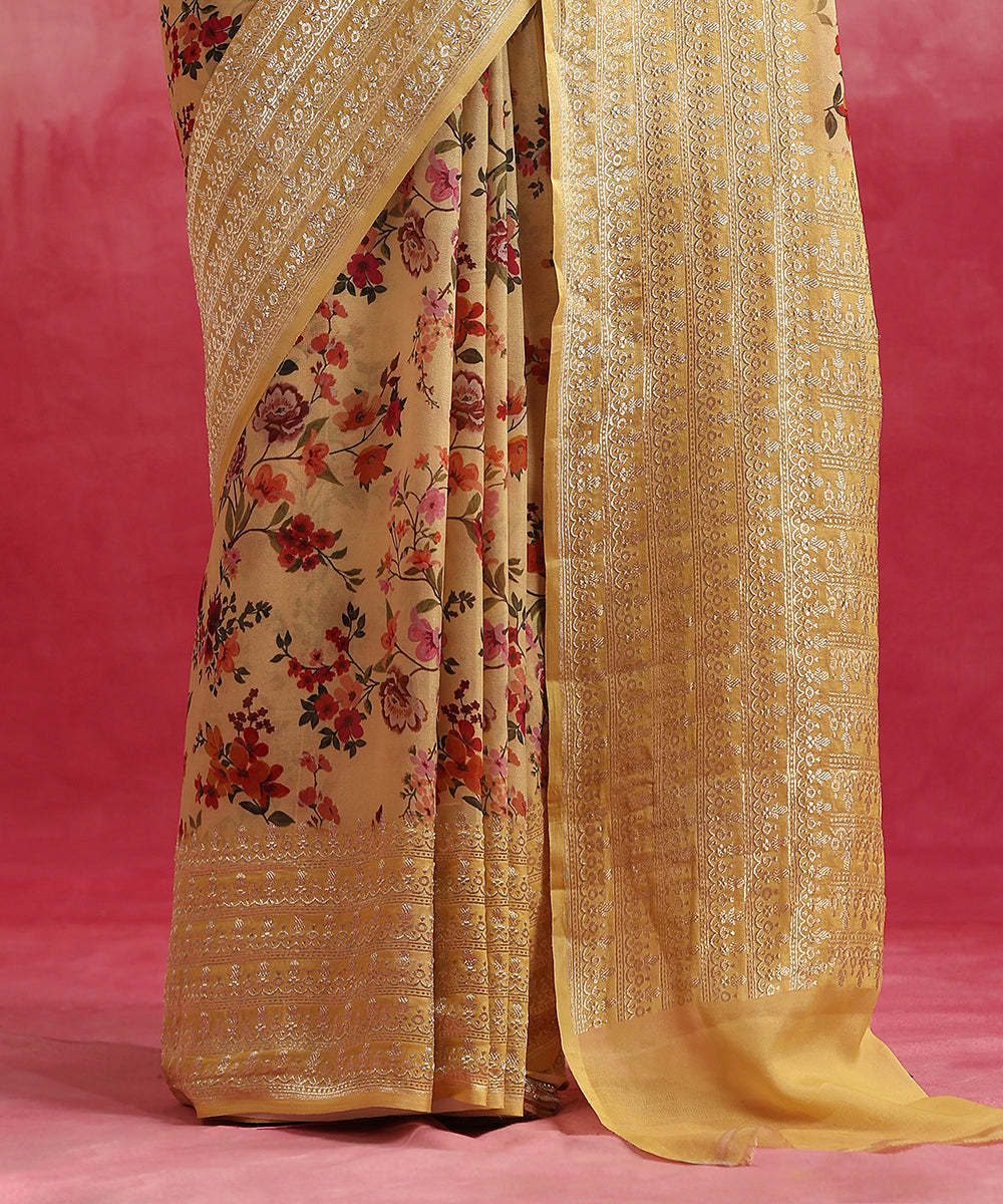Yellow_Handloom_Pure_Georgette_Banarasi_Saree_With_Floral_Ajrakh_Print_WeaverStory_04