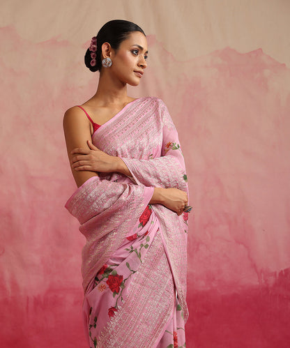 Handloom_Pink_Pure_Georgette_Banarasi_Saree_With_Floral_Ajrakh_Print_WeaverStory_01