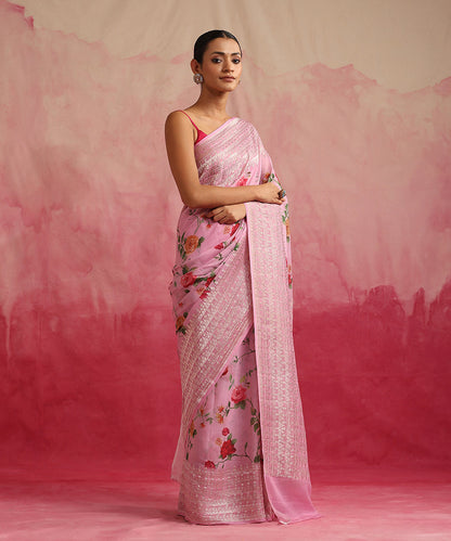 Handloom_Pink_Pure_Georgette_Banarasi_Saree_With_Floral_Ajrakh_Print_WeaverStory_02