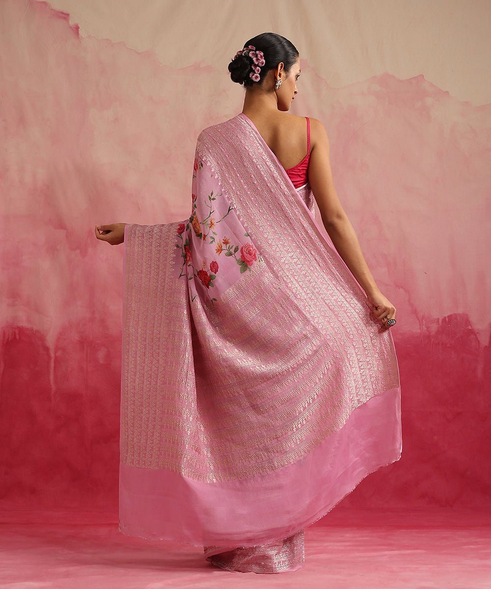 Handloom_Pink_Pure_Georgette_Banarasi_Saree_With_Floral_Ajrakh_Print_WeaverStory_03