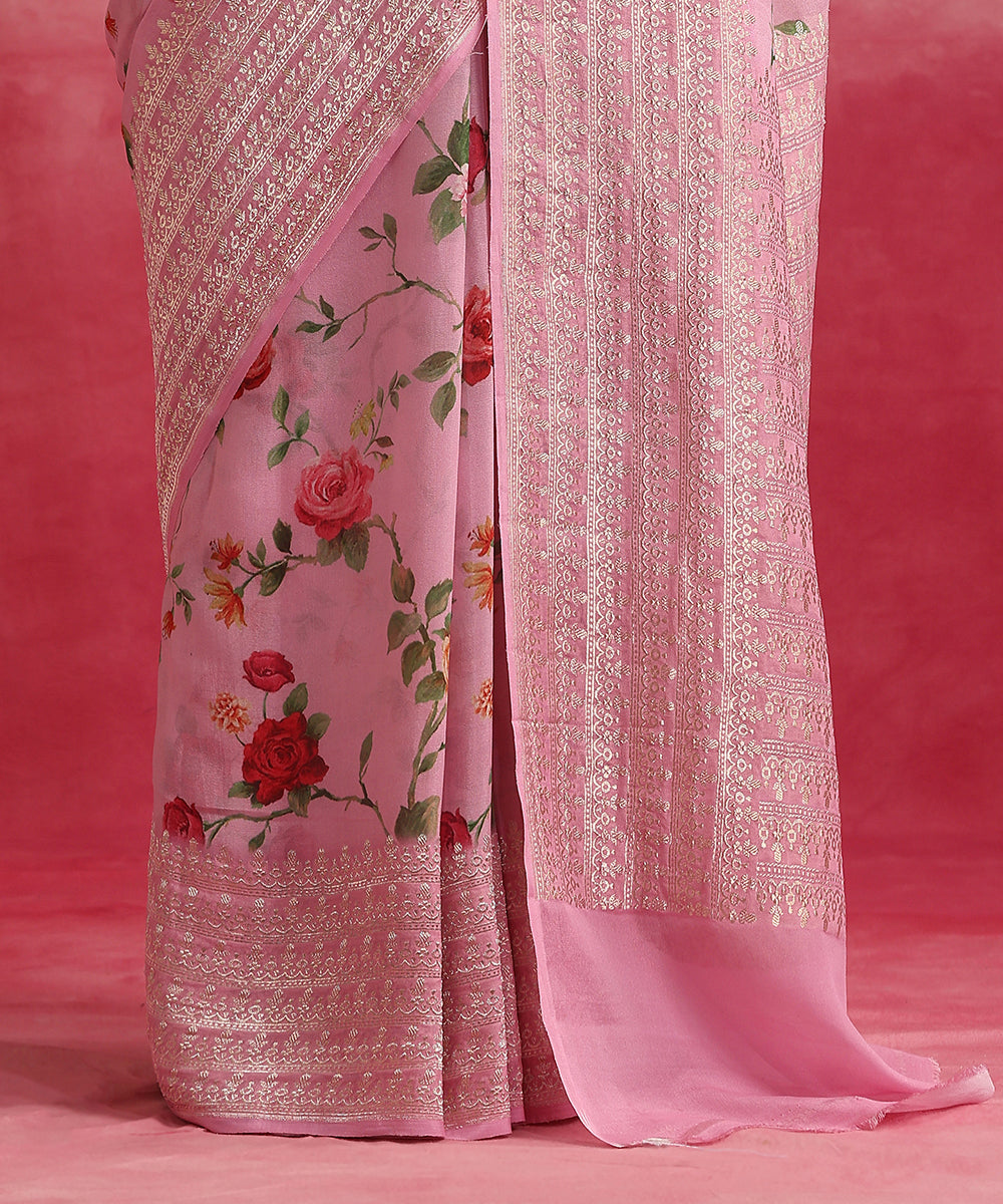 Handloom_Pink_Pure_Georgette_Banarasi_Saree_With_Floral_Ajrakh_Print_WeaverStory_04