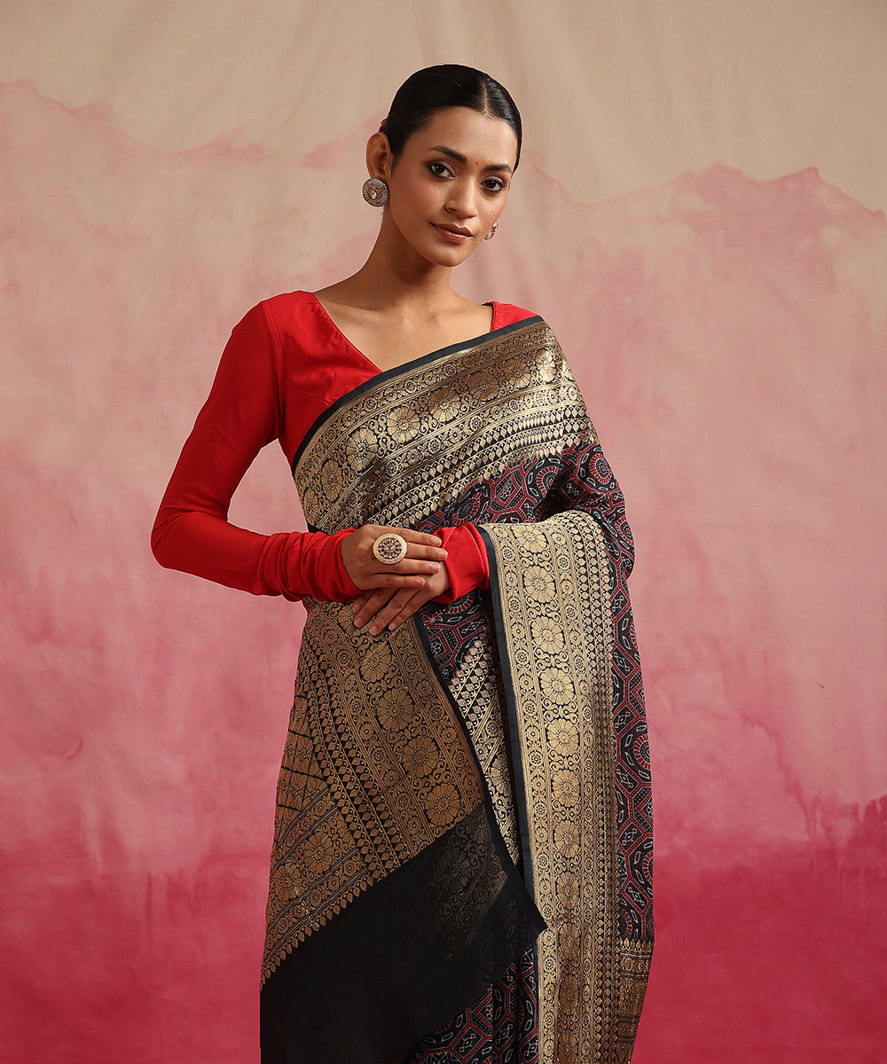 Indigo_Blue_Handloom_Pure_Georgette_Banarasi_Saree_With_Ajrakh_Print_WeaverStory_01