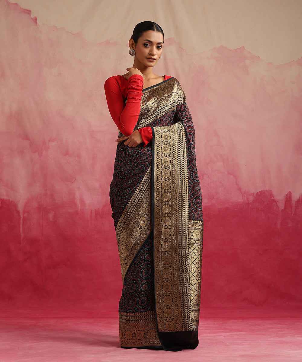 Indigo_Blue_Handloom_Pure_Georgette_Banarasi_Saree_With_Ajrakh_Print_WeaverStory_02