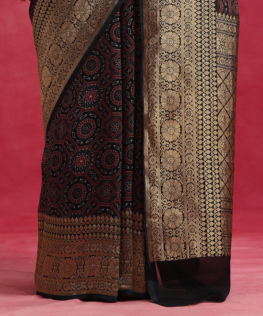 Indigo_Blue_Handloom_Pure_Georgette_Banarasi_Saree_With_Ajrakh_Print_WeaverStory_04