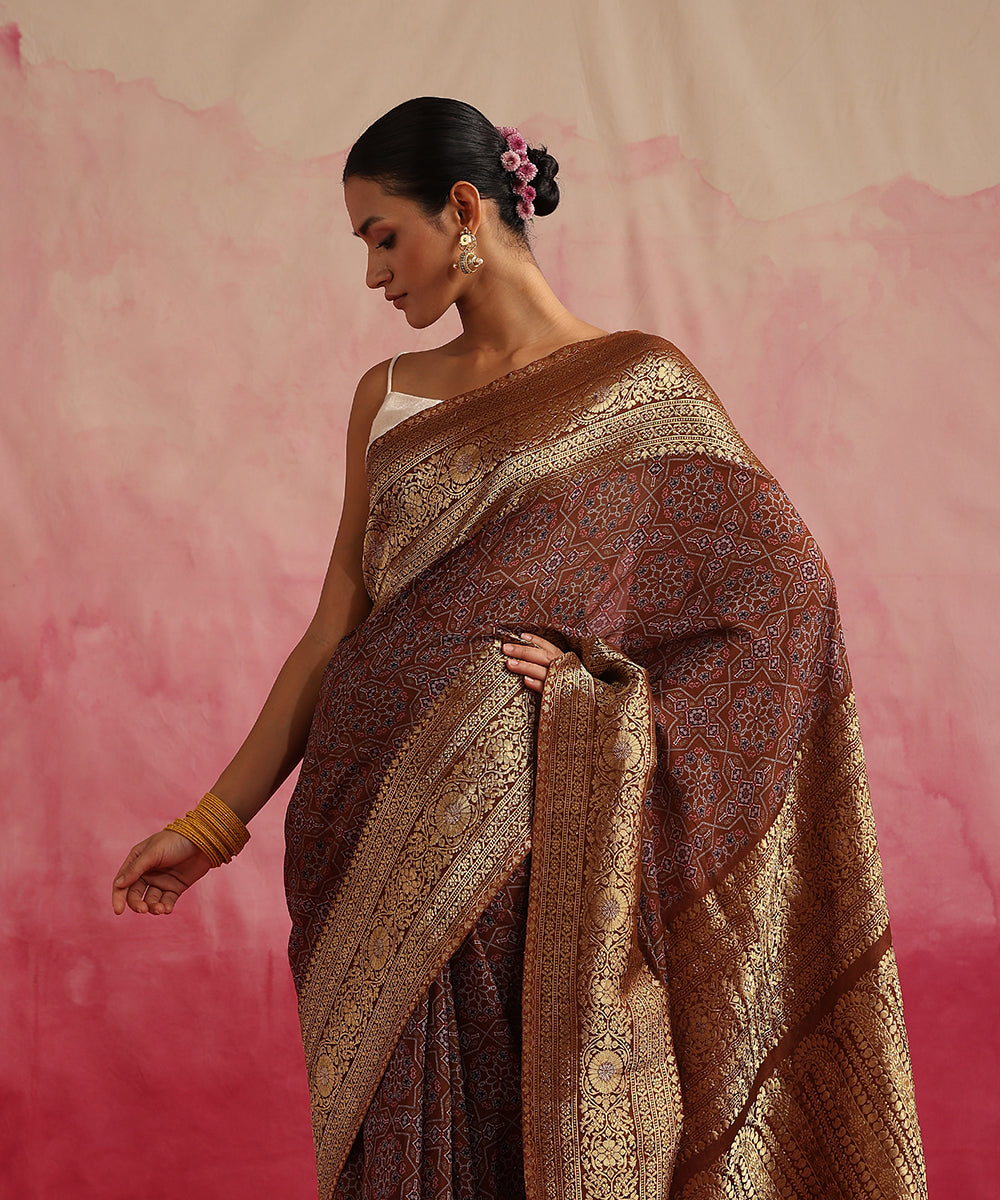 Brown_Handloom_Pure_Georgette_Banarasi_Saree_With_Ajrakh_Print_WeaverStory_01