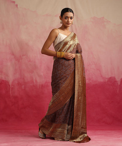 Brown_Handloom_Pure_Georgette_Banarasi_Saree_With_Ajrakh_Print_WeaverStory_02