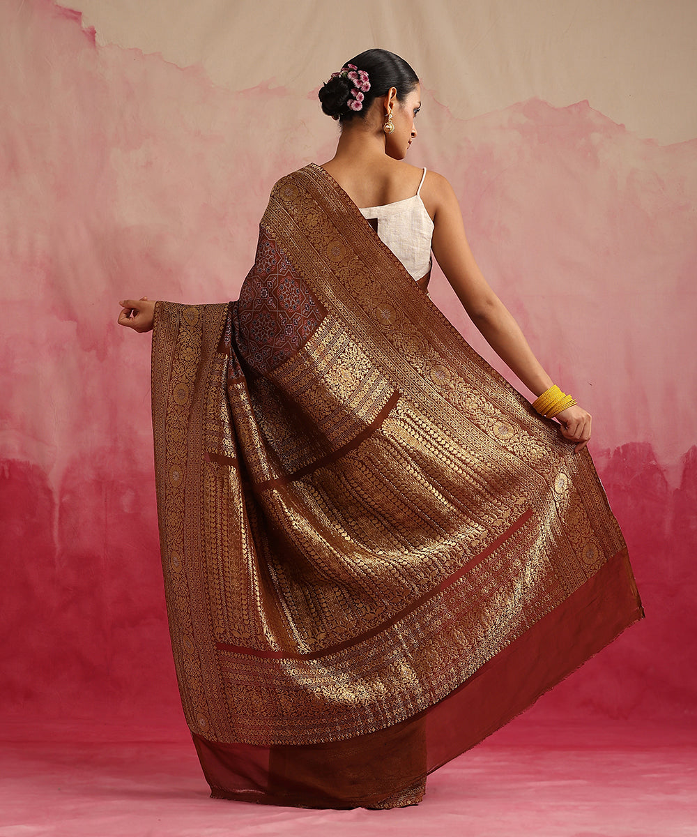 Brown_Handloom_Pure_Georgette_Banarasi_Saree_With_Ajrakh_Print_WeaverStory_03