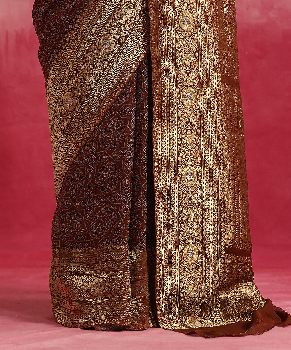 Brown_Handloom_Pure_Georgette_Banarasi_Saree_With_Ajrakh_Print_WeaverStory_04