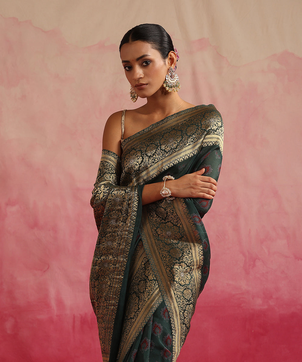 Handloom_Dark_Green_Pure_Georgette_Banarasi_Saree_With_Ajrakh_Print_WeaverStory_01