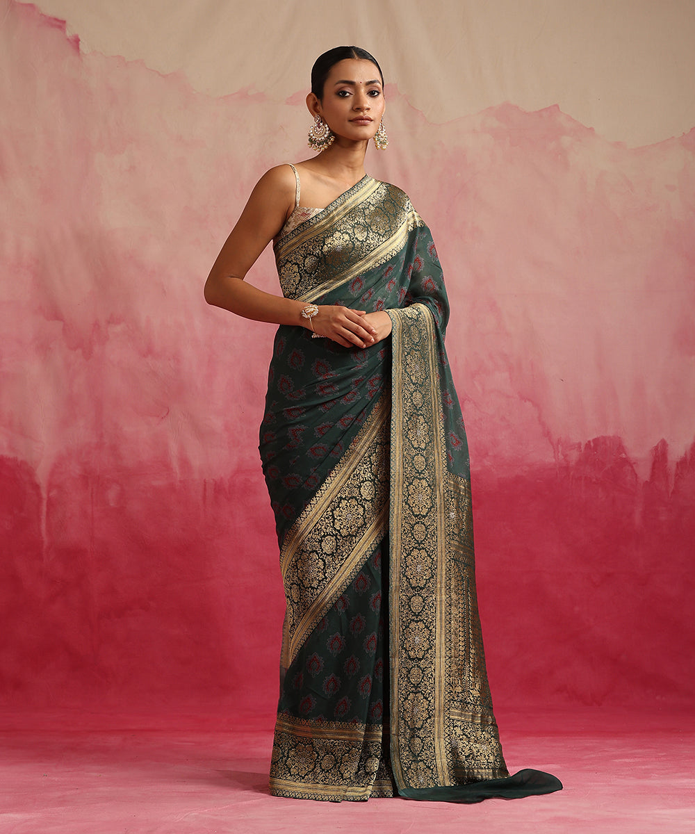 Handloom_Dark_Green_Pure_Georgette_Banarasi_Saree_With_Ajrakh_Print_WeaverStory_02