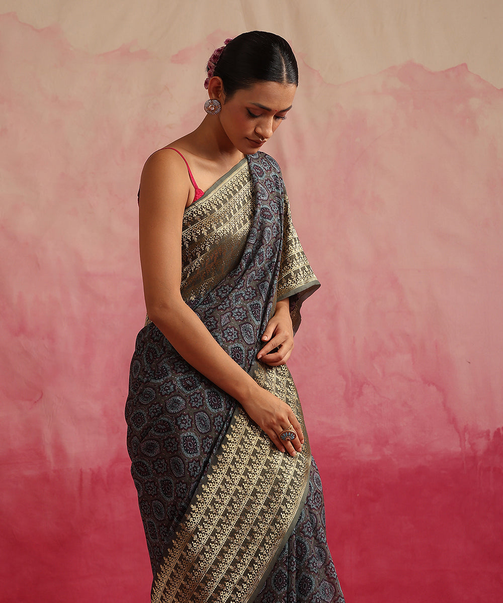 Bottle_Green_Handloom_Pure_Georgette_Banarasi_Saree_With_Ajrakh_Print_WeaverStory_01