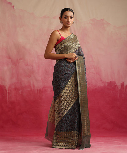 Bottle_Green_Handloom_Pure_Georgette_Banarasi_Saree_With_Ajrakh_Print_WeaverStory_02