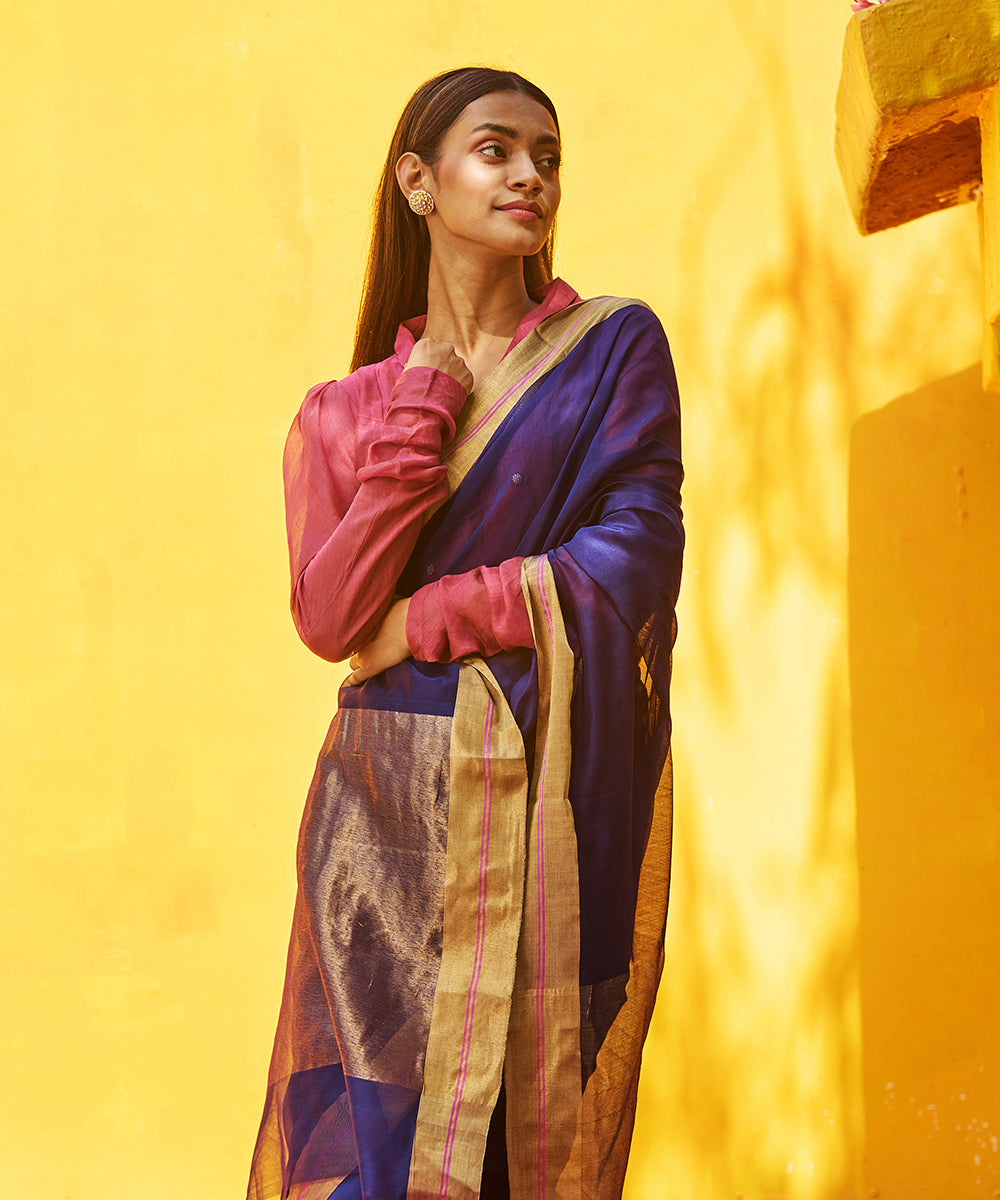 Blue_Handloom_Pure_Cotton_Silk_Chanderi_Saree_With_Gold_Zari_Border_WeaverStory_01