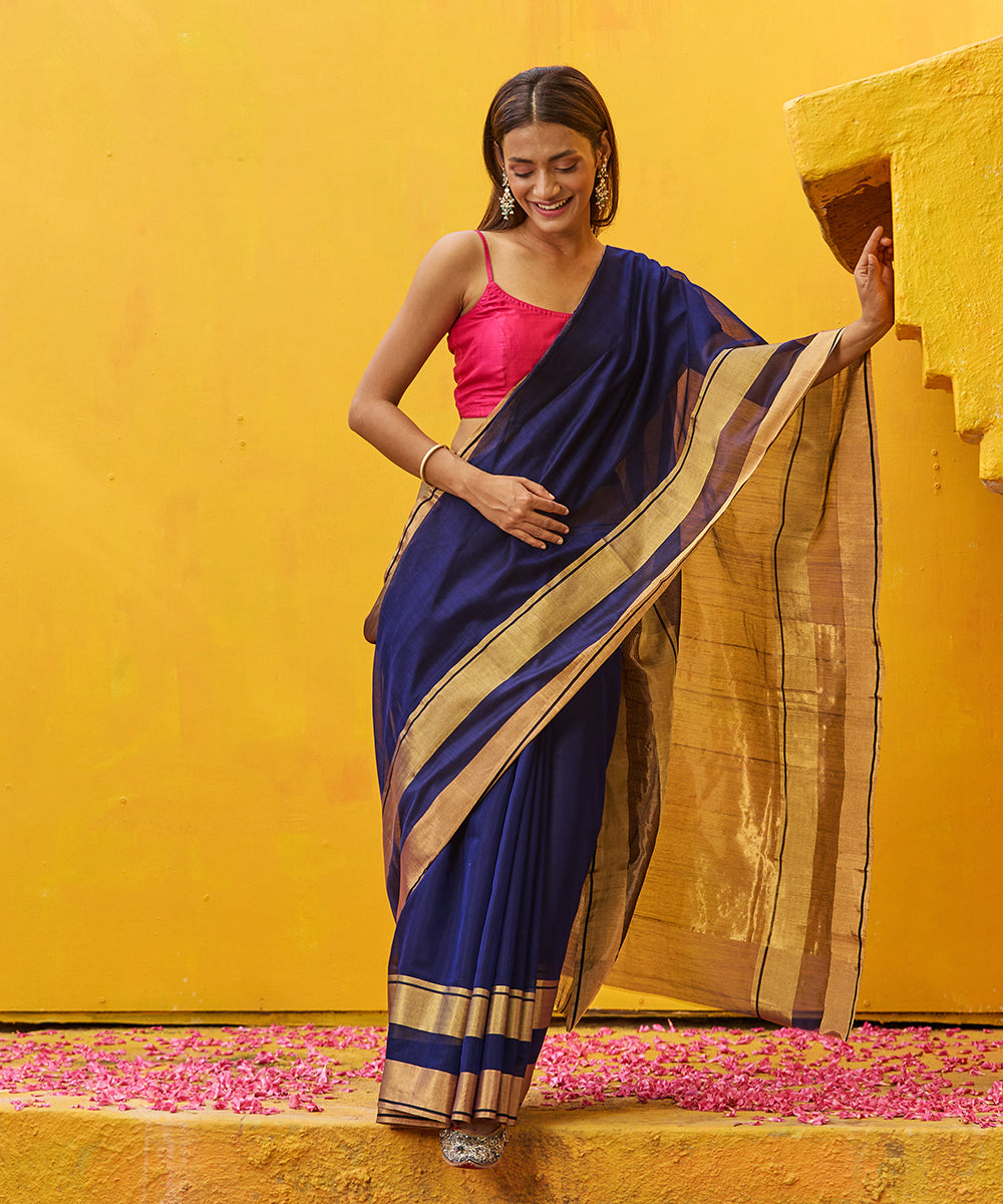 Navy blue cotton 2024 saree with golden border