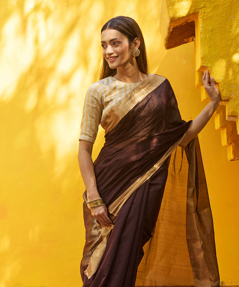 Handloom_Coke_Brown_Pure_Cotton_Silk_Chanderi_Saree_With_Gold_Zari_Border_WeaverStory_01