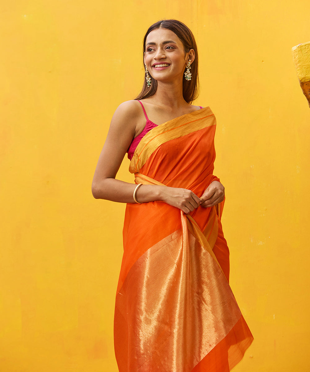 Orange_Handloom_Pure_Cotton_Silk_Chanderi_Saree_With_Gold_Zari_Border_WeaverStory_01