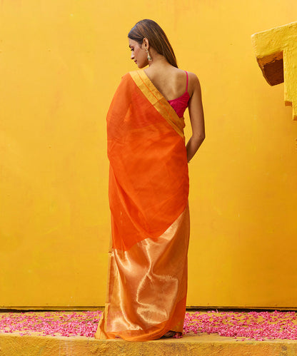 Orange_Handloom_Pure_Cotton_Silk_Chanderi_Saree_With_Gold_Zari_Border_WeaverStory_03