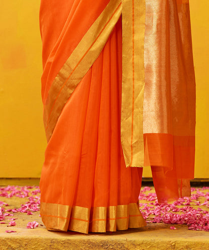 Orange_Handloom_Pure_Cotton_Silk_Chanderi_Saree_With_Gold_Zari_Border_WeaverStory_04