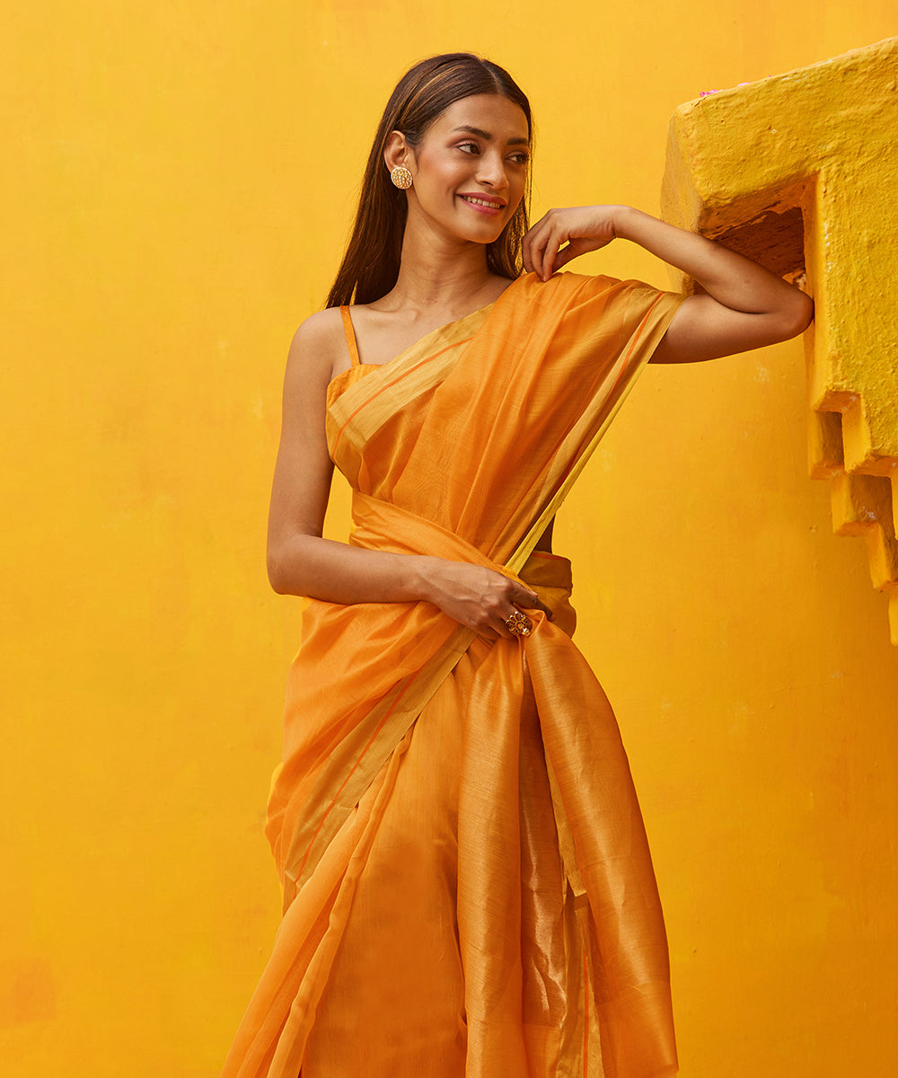 Handloom_Mango_Pure_Yellow_Cotton_Silk_Chanderi_Saree_With_Gold_Zari_Border_WeaverStory_01