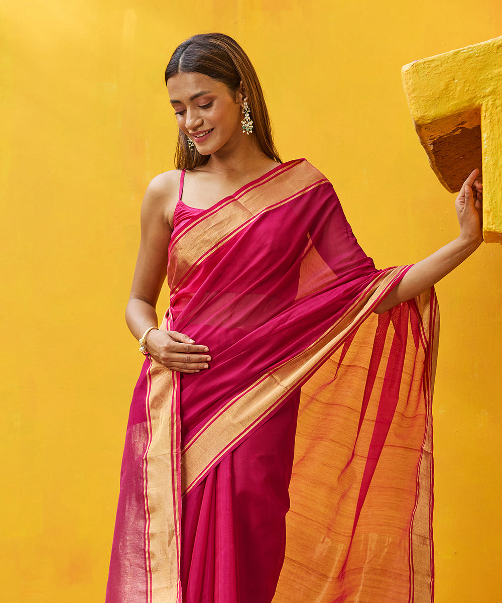 Rani_Pink_Handloom_Pure_Cotton_Silk_Chanderi_Saree_With_Gold_Zari_Border_WeaverStory_01
