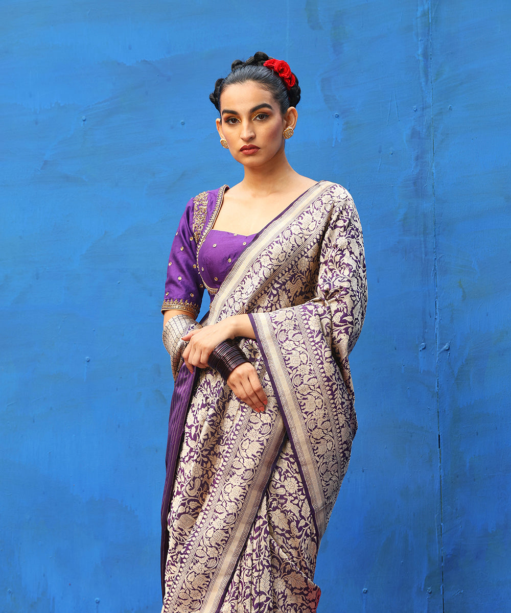 Purple_Handloom_Pure_Katan_Silk_Brocade_Shikargah_Banarasi_Saree_WeaverStory_01