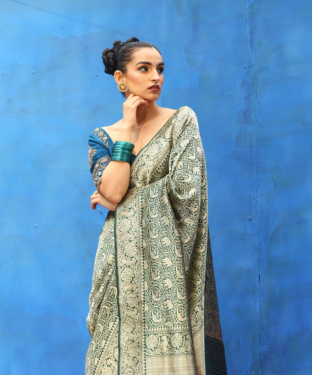 Handloom_Dark_Green_Parrot_Pure_Katan_Silk_Shikargah_Banarasi_Saree_With_And_Elephant_Motifs_WeaverStory_01