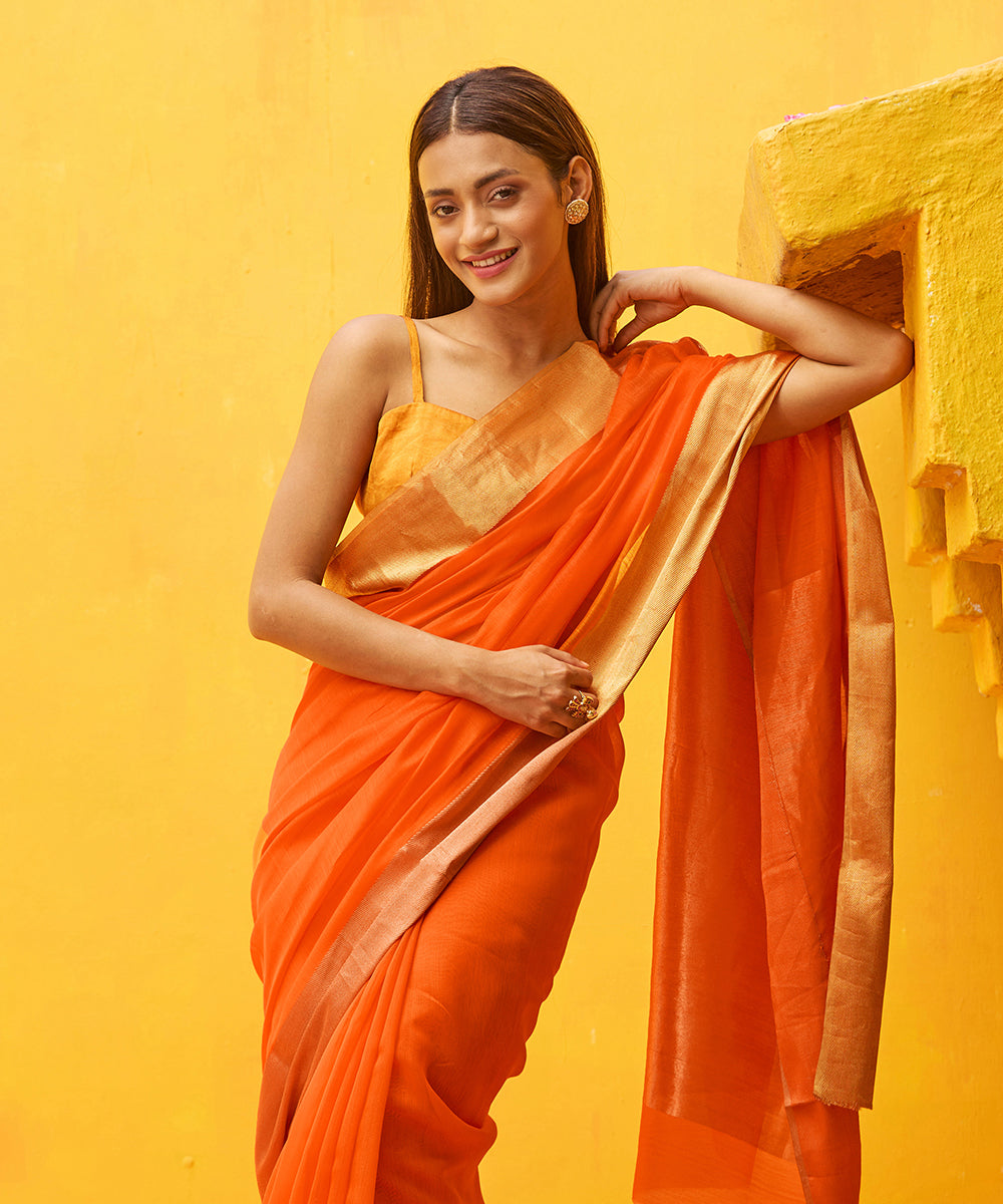 Orange_Handloom_Pure_Cotton_Silk_Chanderi_Saree_With_Zari_Border_WeaverStory_01